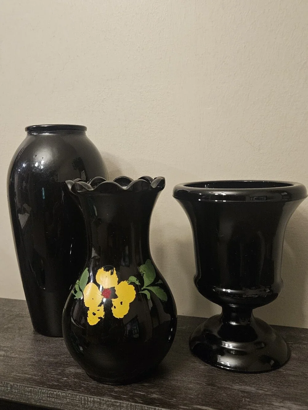 Vintage Black Amethyst Glass Vase Trio